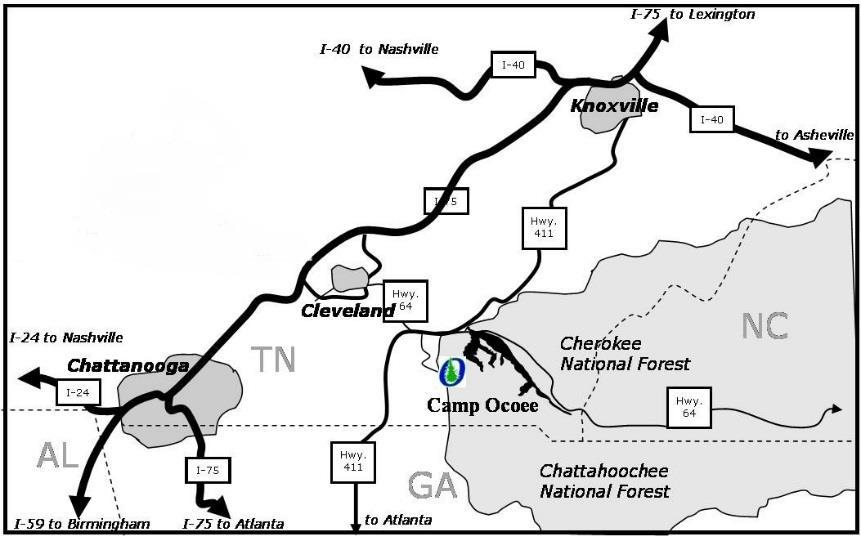 Turn right off of exit ramp toward Cherokee National Forest 5. Travel approximately 6.5 miles. 6. Take Highway 64 EAST to Ocoee River/Cherokee National Forest toward Murphy, North Carolina 7.