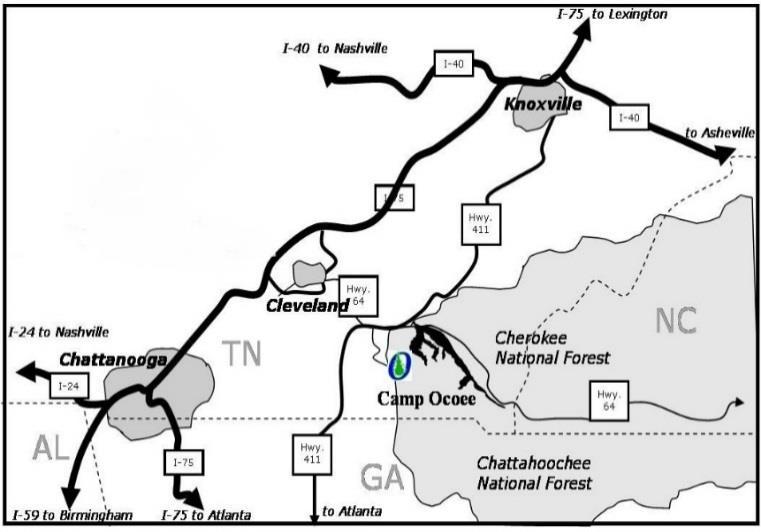 Turn right off of exit ramp toward Cherokee National Forest 5. Travel approximately 6.5 miles. 6. Take Highway 64 EAST to Ocoee River/Cherokee National Forest toward Murphy, North Carolina 7.