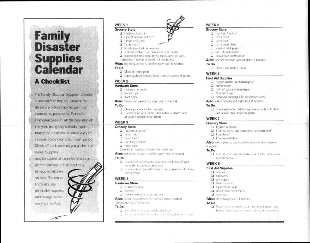 Family Disaster Supplies Calendar A Checklist The Family Disaster Supplies Calendar is intended to help you prepare for di!,.