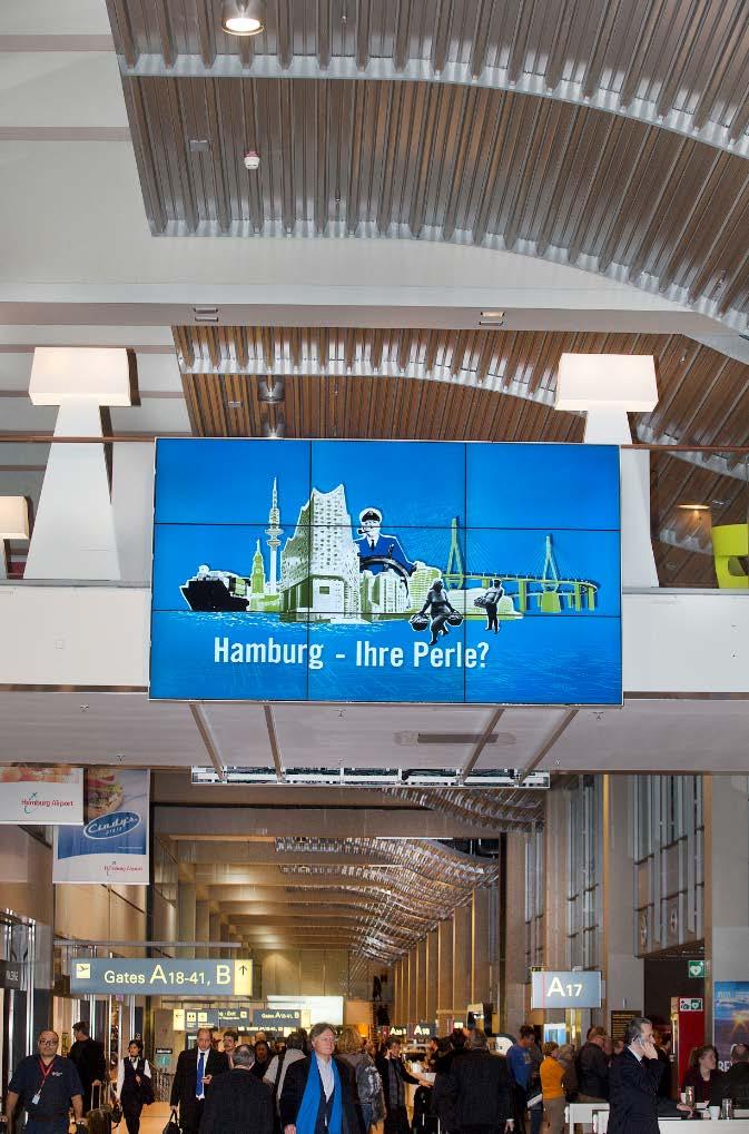 HAM Digital Passenger Walk security-controlled area Network consisting of 6 attention-grabbing multi display screens. Around 100 percent of all arriving and departing passengers are reached.
