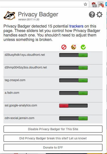 stranice, Privacy Badger u potpunosti blokira tu domenu i onemogućuje joj praćenje korisnika.