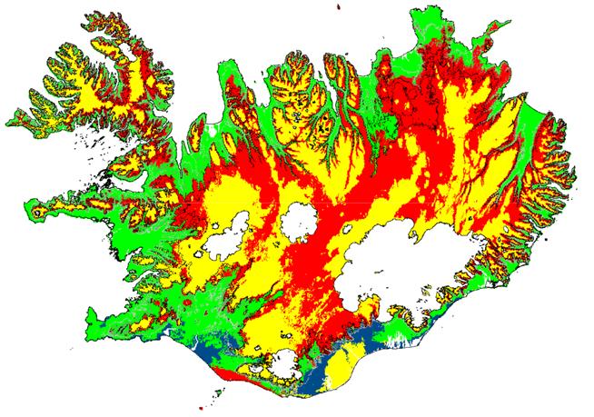 Mynd 8.23 Rauðu svæðin eru spá um ný möguleg útbreiðslusvæði Alaskalúpínu fram til 2050. (Heimild: sjá tilvísun 99.
