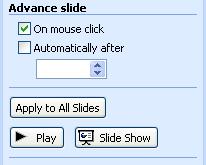 Start- podesite da li se animacija aktivira klikom miša(on click), kada se predhodni događaj završi i protekne broj sekundi određen u polju Delay(After previous).