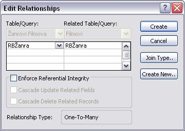 Zatvoriti okvir za dijalog da bi se video prozor Relationships koji izgleda ovako: 4 Pokazati na naziv RBŽanra u jednoj tabeli i prevući ga do iznad naziva RBŽanra u drugoj tabeli.