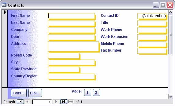 Ovaj obrazac koji se sastoji od dve stranice koristi se za upisivanje zapisa u tabelu Contacts nad kojom je obrazac napravljen ili za pregled zapisa koji su već u njoj.