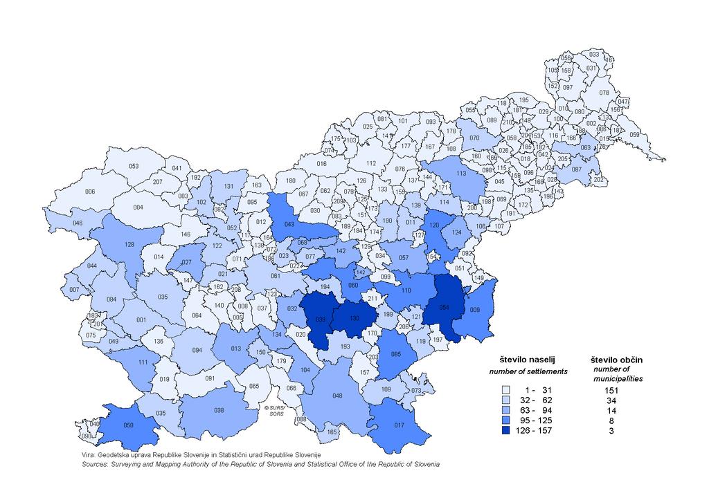 Statistične informacije, št. 8/2008 Rapid Reports No 8/2008 6 V letu 2007 je v Sloveniji nastalo 18 novih naselij. Razpršenost naselij v Sloveniji kaže tudi njihova raznolika razporejenost po občinah.