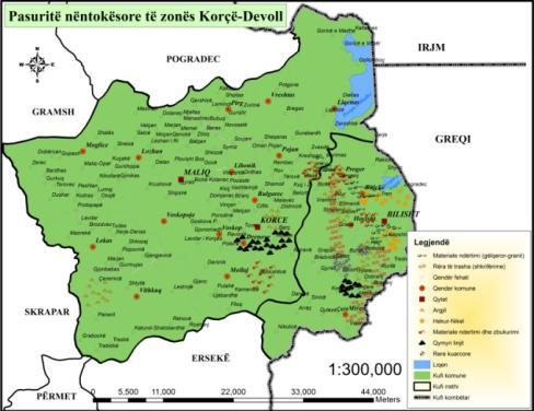 Ndërtimi gjeologjik dhe pasuritë minerale. Zona Korçë- Devoll ka ndërtim të larmishëm gjeologjik të përfaqësuar nga shkëmbinj gëlqerorë, ultrabazikë, terrigjenë etj.