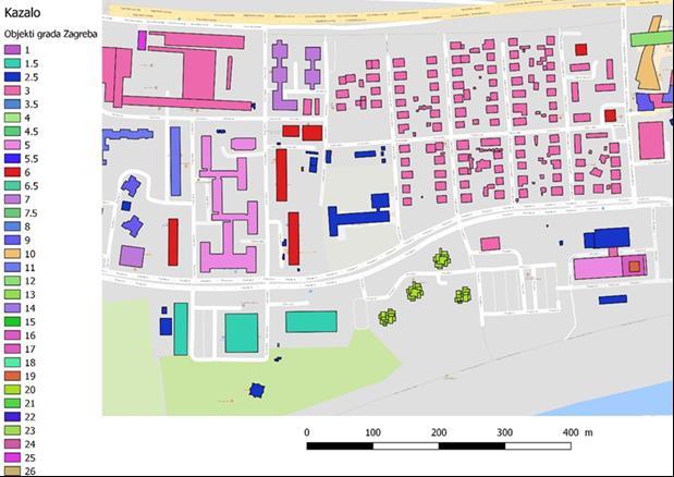 Slika 20 Vizualizacija broja etaža pojedinih objekata Slika 21 Potražnja toplinske energije za pojedine objekte GIS karta
