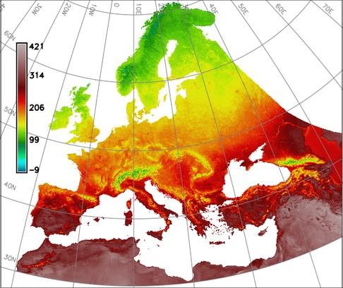 20 Slika 3: Povprečna temperatura najtoplejše četrtine leta v Evropi (Neteler, 2015) 3.2.2 Karta rabe tal CORINE LAND COVER Karto rabe tal (CLC 2012) smo za širše območje Slovenije pridobili iz