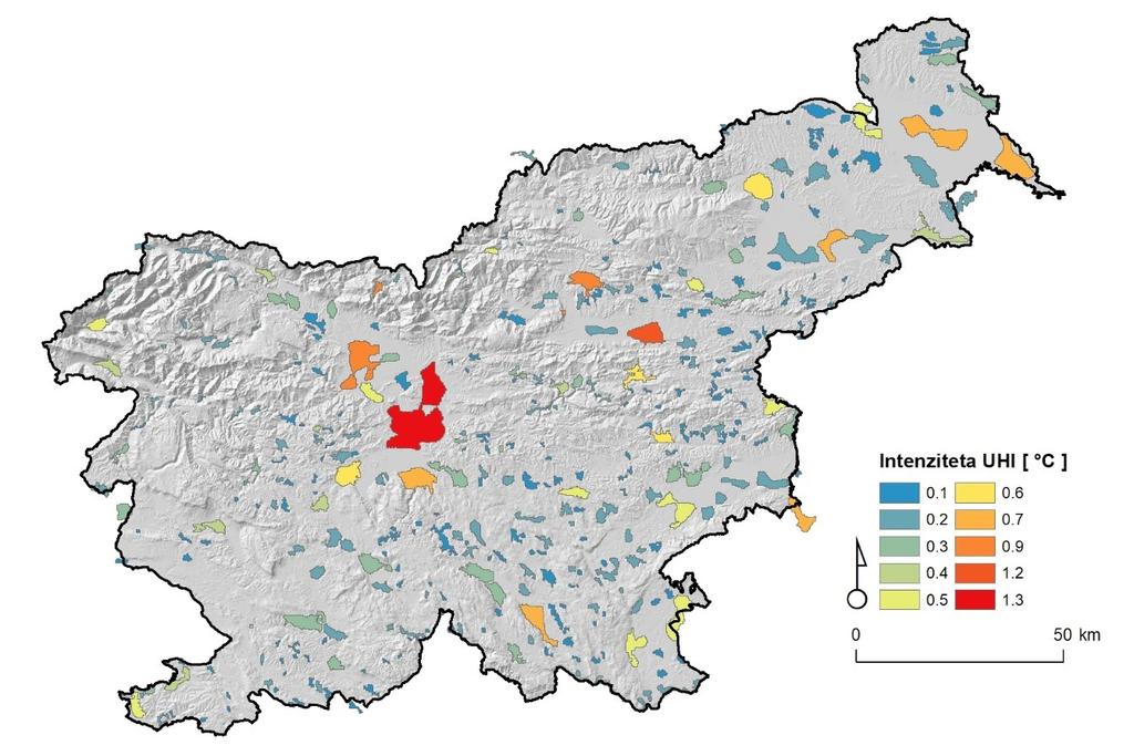 25 Slika 4: Razporeditev urbanih toplotnih otokov 1. reda v Sloveniji Urbanih toplotnih otokov 2. reda je v Sloveniji 60 (Slika 5), so večjih površin od urbanih toplotnih otokov 1.