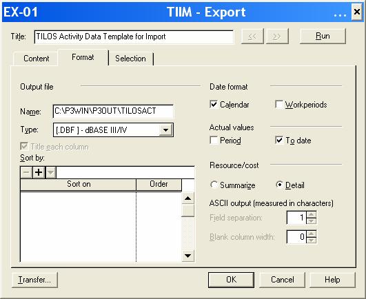 Create a P3 Export profile to export a template to populate with TILOS Activity Data by selecting Tools, Project Utilities, Export and
