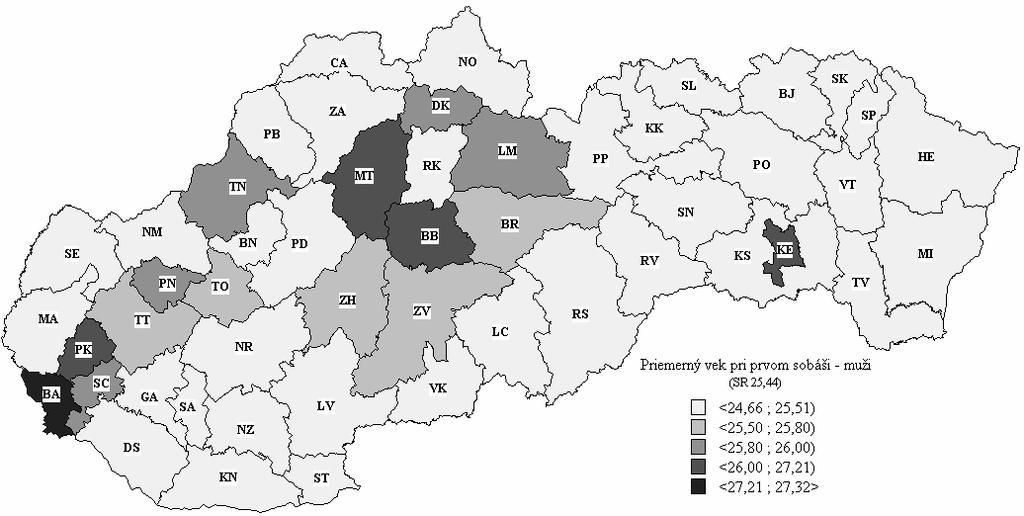 12 Demografická charakteristika obvodov Slovenskej republiky 1996-2003 Mapa 1.5 Priemerný vek mužov pri prvom sobáši v obvodoch SR, 1996-1999 Mapa 1.