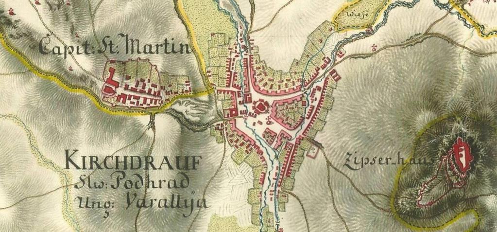 Historické vojenské mapovanie Spišského Podhradia s okolím (podrobné mapovanie zálohovaného územia z r. 1769, zdroj: Kriegsarchiv Wien).