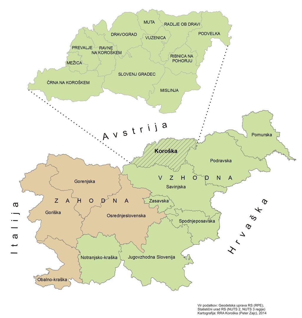 3. Predstavitev Koroške razvojne regije 3.1 Osnovni podatki Manjša in prometno slabo dostopna slovenska regija Koroška regija je del kohezijske regije Vzhodna Slovenija. S površino 1.041 km 2 in 72.