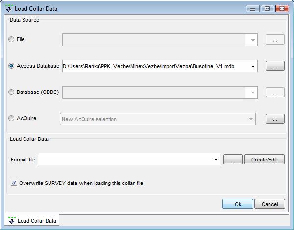 Slika 14. Izbor Access baze za uvoz podataka Sledeći korak je mapiranje kolona tabele Busotine iz access baze sa Minex Collar Variables, što se radi prevlačenjem atributa sa leve na desnu stranu.