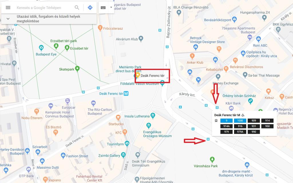 Map of 100E bus stop at Deák Ferenc tér (Centre)