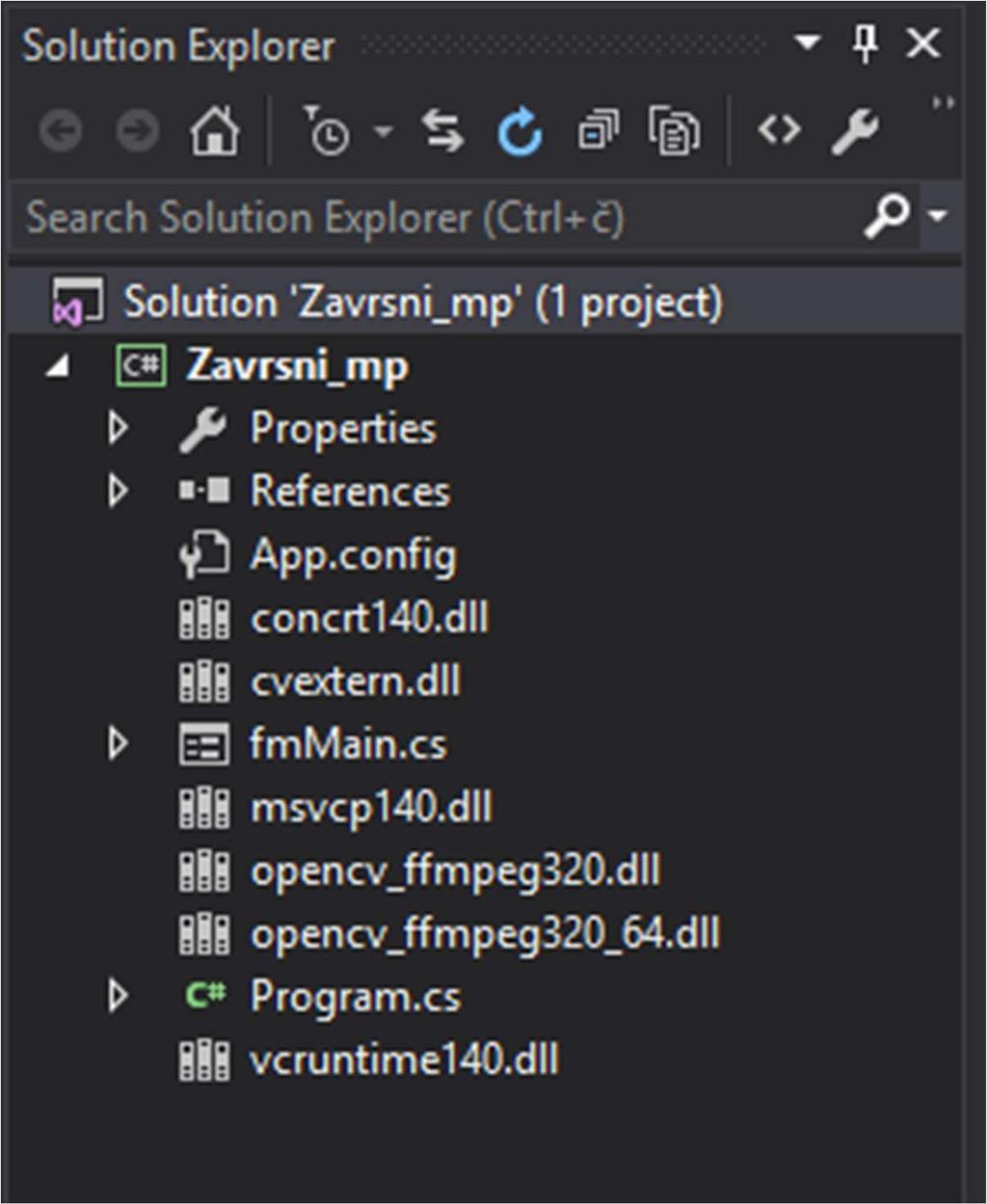 3. APLIKACIJA 3.1 Izrada aplikacije Kao što je prethodno spomenuto, aplikacija je pisana u C# programskom jeziku u Visual Studio razvojnom okruženju. Korištene su funkcije EmguCV/ OpenCV biblioteke.