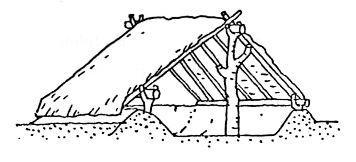 Slika 3: "Purlin roof" (Brezar, 1987) Slika 4: Povezovanje vozlišč z ovijalkami, kitami, črevesjem, kožnimi
