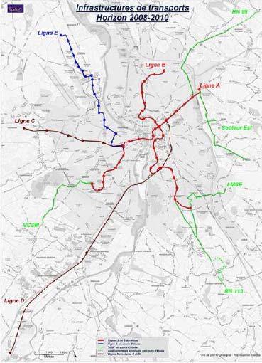 Suburban lines : Toulouse 760 000 inhabitants Major rapid transit lines : 2 lines Metro (A, & B in 2007) Regular & High frequency railway C & D