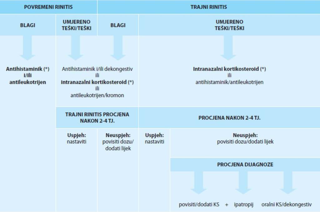 Nekoliko je temeljnih skupina lijekova za liječenje alergijskog rinitisa: 1. stabilizatori mastocita kromoni, 2. antihistaminici (lokalni i sistemski), 3. blokatori leukotrijenskih receptora i 4.