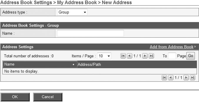 Gumb [OK] [U redu] Registrira novi odredišni faks sa odabranim parametrima. Address type (Tip adrese): Group (Grupa) Ova opcija registrira nekoliko registriranih adresa zajedno kao grupu.