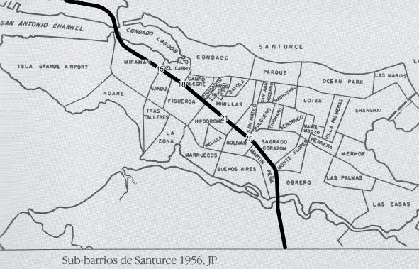 EL GRAN COMBO, CORTIJO, AND THE MUSICAL GEOGRAPHY... 125 Figure 2 - Santurce neighborhoods in 1956, with Avenida Ponce de León and selected paradas (bus stops) highlighted.