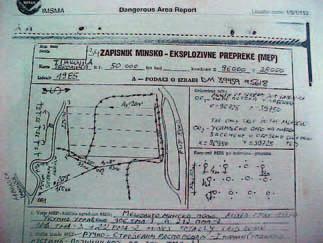 Slika 20: Zapisnik minskega polja Vojske Jugoslavije v bližini vasi Morina, kjer se je pripetila delovna minska nesreča, Kosovo, Priština 1999.