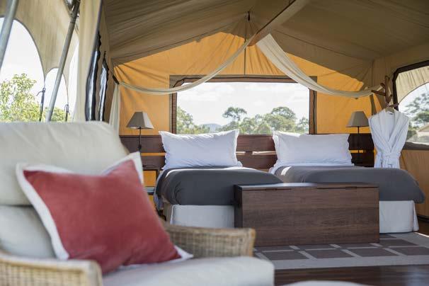 ACCOMMODATION LOCATION EXPERIENCES Spicers Canopy is predominantly gas and solar powered and features ten tastefully appointed safari-style luxury tents, sleeping up to 20 people.