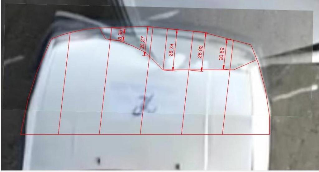 Na slikama 5.14. i 5.15. prikazana je dubina oštećenja prednjeg dijela vozila VW Golf. Slika 5.14. Dubina oštećenja vozila VW Golf u [cm] 1 Oštećenja prikazana na slici 5.14. izmjerena su u centimetrima.