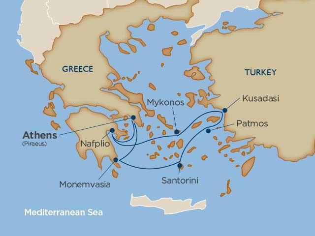 Nafplio, Greece Mykonos, Greece Kusadasi, Turkey Patmos, Greece Santorini, Greece Monemvasia, Greece A