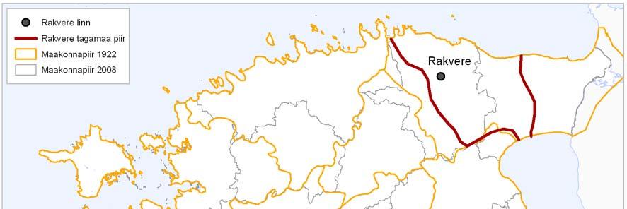 Joonis 5. Rakvere tagamaa 1922. aastal (Kant 1939 põhjal). 1.2. Rakvere linnaregioon 1940 kuni 2000 Rakvere linna elanike arv kasvas pidevalt kuni 1990. aastateni, maksimaalne elanike arv oli 1989.