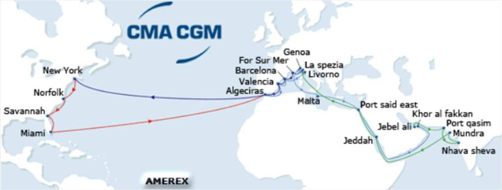 2015 EUROPE MED -NORTH AMERICA Services Amerigo/ Extensive port coverage of West Med including South of France Operated with 12 x 6500/7000 TEU ships (including 2 x ) Miami call serving Florida