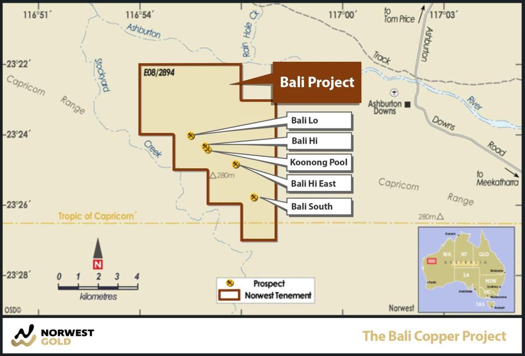 The Bali Copper-Lead-Zinc Project The Bali Project is located 75 kilometres west of Paraburdoo and overlies a portion of the Ashburton Basin and Blair Basin, part of the Capricorn Orogen, a major