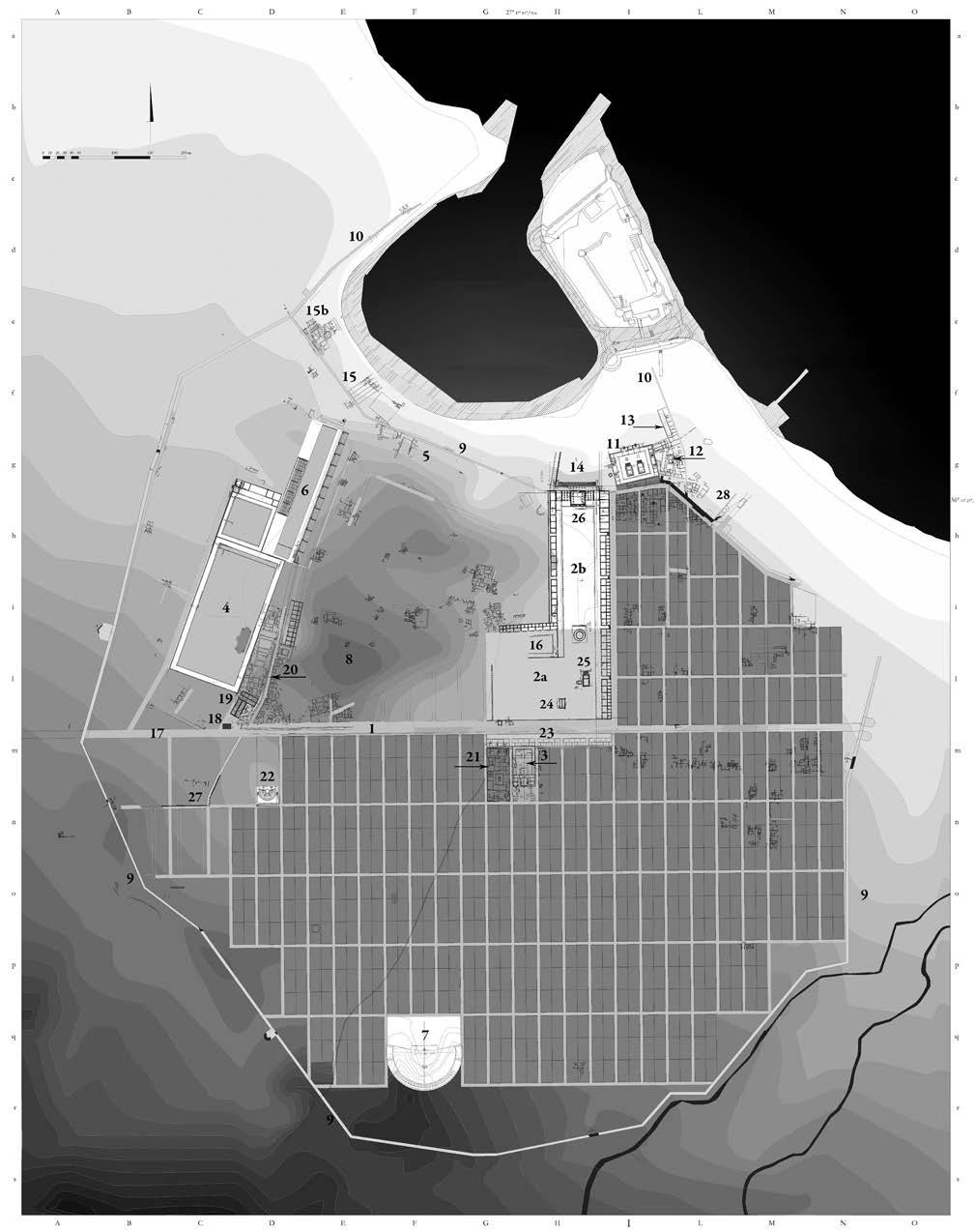 Fig. 2. Kos, general map of the ancient town (from Livadiotti, Rocco 2011, fig. 1): 1. plateia/decumanus; 2. agora, divided into a) original south agora and b) northern added agora; 3.