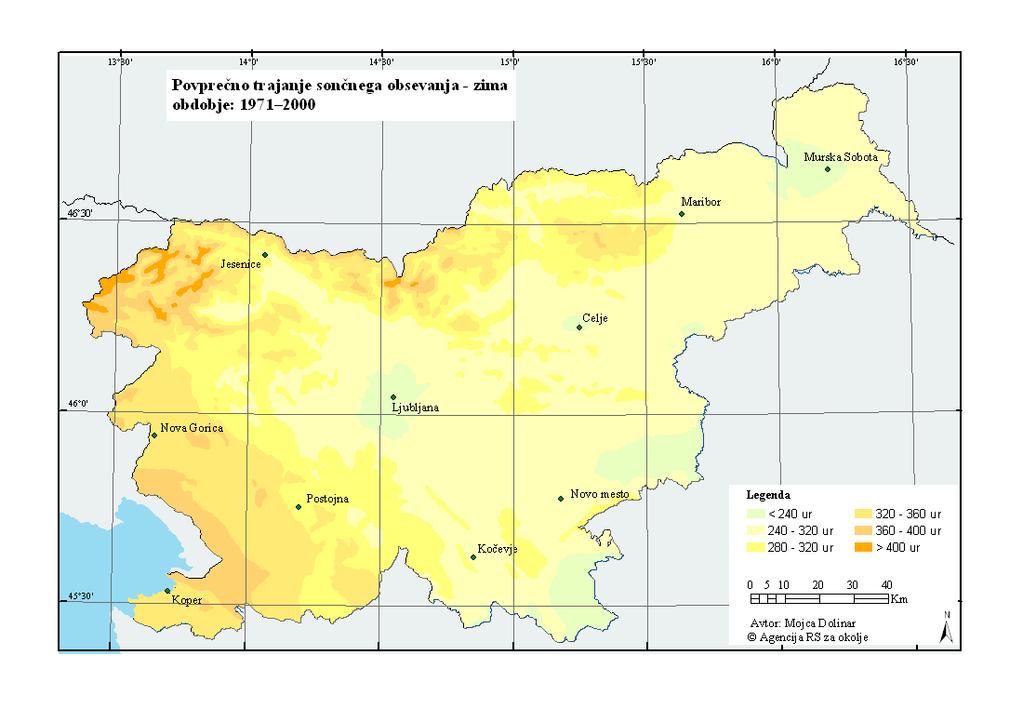 Ketiš S. Vpliv geografske lege Slovenije na uporabo sončne energije 20 Slika 9: Karta trajanja sončnega obsevanja - zima (Agencija RS za okolje) 3.