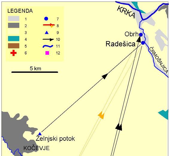Slika 5.7.13: Hidrogeološka karta širšega območja odlagališča Mozelj z rezultati sledilnih poskusov (Legenda: 1. kvartarne rečne naplavine, 2.