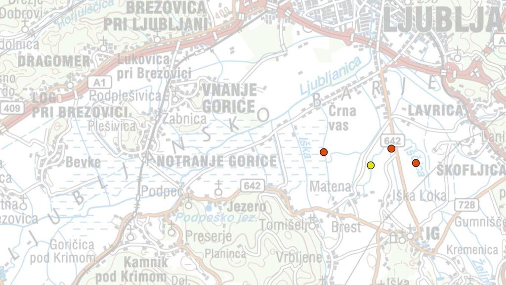 Slika 2: Rezultat prvega popisa (19.4.2018) velikega škurha na SPA Ljubljansko barje v letu 2018; rdeča pika par, rumena pika posamičen osebek.