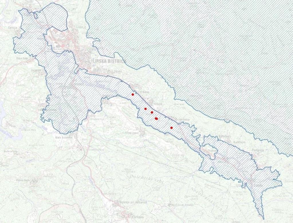 Slika 7: Kosci v Dolini Reke v letu 2018. Rdeče pike predstavljajo lokacije pojočih koscev.