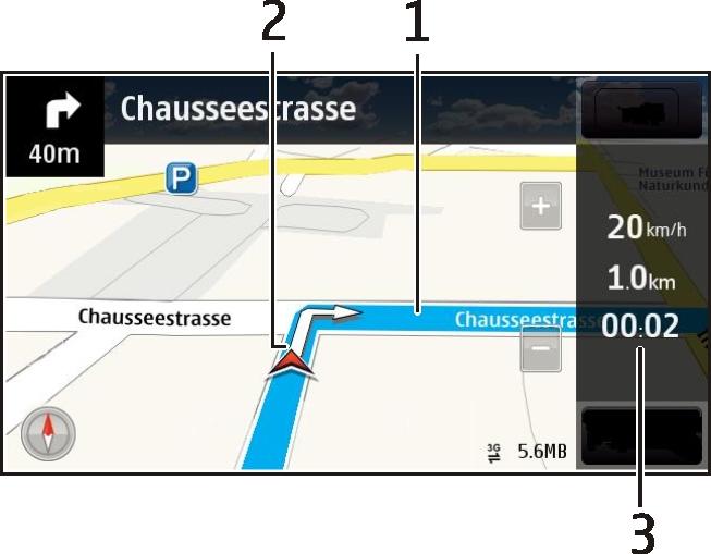 Mape 89 Prikaz navigacije 1 Maršruta 2 Vaša lokacija i pravac 3 Traka sa informacijama (brzina, udaljenost, vreme) Dobijanje informacija o saobraćaju i bezbednosti Poboljšajte doživljaj vožnje pomoću