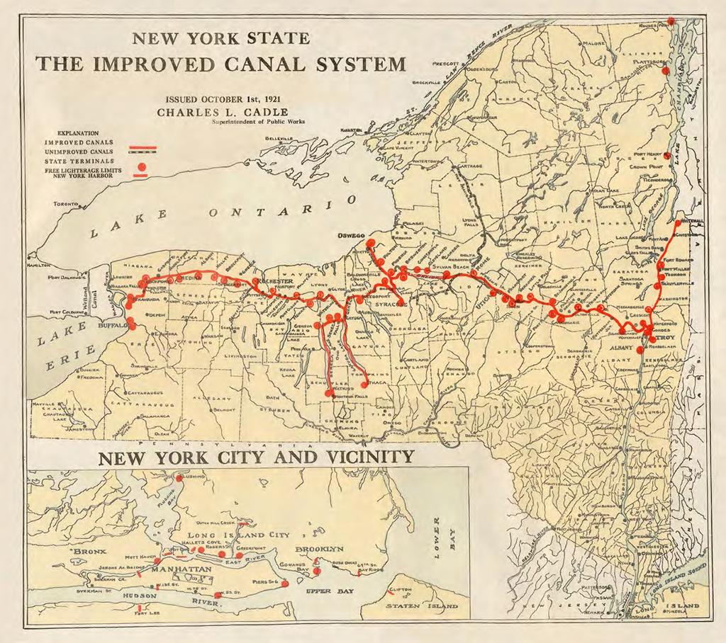 This 1921 map of the Improved Barge Canal System shows the route of the Erie Canal from Buffalo to Albany and the cities, towns and villages along it, as well as the