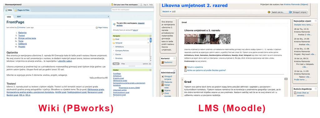 Slika 4: Naslovne stranice wiki PBworks i LMS Moodle Na stranici PBworks tekst je prikazan linearno, a smjernice su naznačene unutarnjim i vanjskim poveznicama, za razliku od stranice LMS koja se