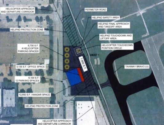 Above: a development option for a helicopter landing area on a parcel of airport land fronting Midway Road.