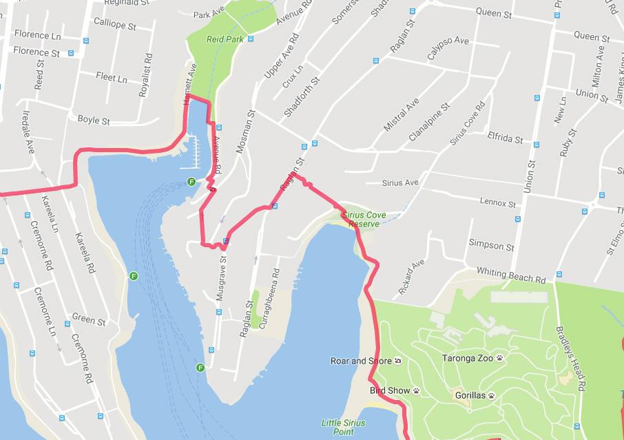 Continue around bay to Avenue Road At Mosman Wharf you can find drinks and toilets Just before Mosman Wharf take stairs to the left up to Mosman Street Cross the road and take the ramp up to Mosman