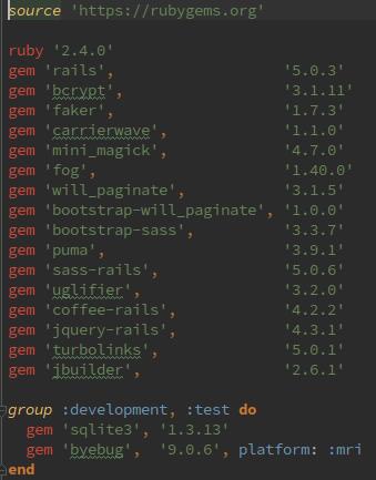 Sl. 3.1. Gemfile web aplikacije s bazom recepata Na slici 3.1.1. vidimo Gemfile za web aplikaciju s bazom recepata koji započinje s metodom source, te koji svoje gemove poziva s https://rubygems.