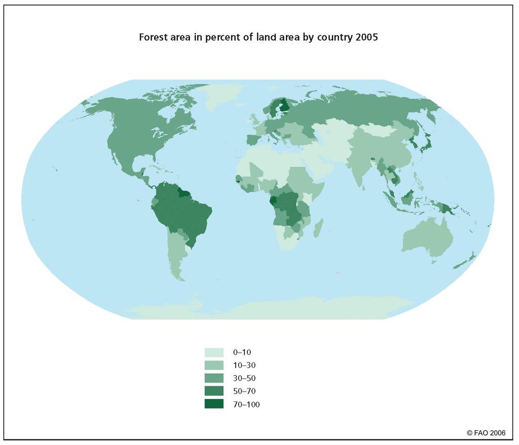 Slika 1.2. Udio površine šume po državama u svijetu 2005. godine U potpoglavlju 1.2.1. navedene su sve prednosti kogeneracije u odnosu na proizvodnju samo električne energije.