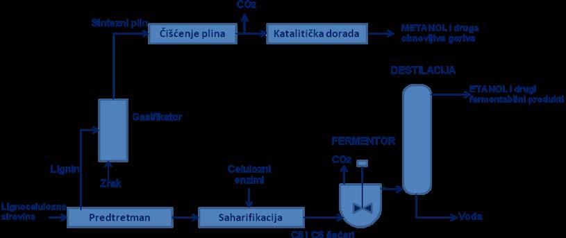 Lignocelulozna biorafinerija je ilustrirana na slici 7. Slika 7. Lignocelulozna biorafinerija Figure 7. Lignocellulosic biorefinery Sirovina za ovu vrstu rafinerija su drvo, drvenaste biljke (npr.