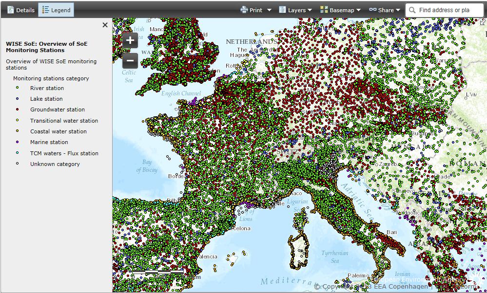 Karta prikazuje položaje WISE SoE (Water Information System for Europe) SoE (state of Europe s environment) merne stanice.