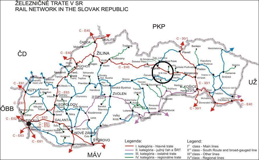 Obr. 4: Železničné trate v SR Z nasledujúcej tabuľky Tab. 23 vyplýva, že zastávky vlakov osobnej dopravy sa nachádzajú priamo v 10- tich obciach Slovenského raja.