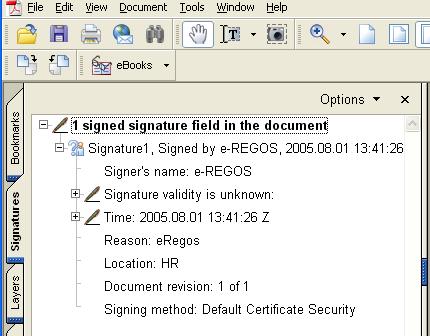 Otvara se dodatno polje s podacima o potpisniku certifikata za taj dokument: (Signature1 potpis, Signature's name naziv potpisnika, Reason razlog, svrha potpisa... i drugi podaci).