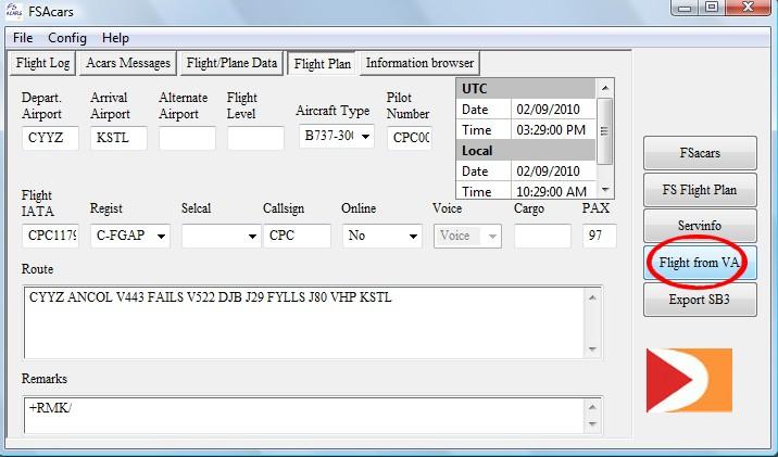 2. If you correctly did your Bid, you should see a Flight from VA button. Select it to import the flight data. 3. Now, just add in your Flight Level, Cargo and Pax data.